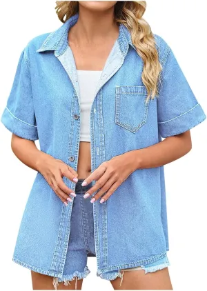 2024 Jean Jackets for Women Fashion Casual Short Sleeve Denim Shirts Oversized Button Up Shacket Jacket with Pocket