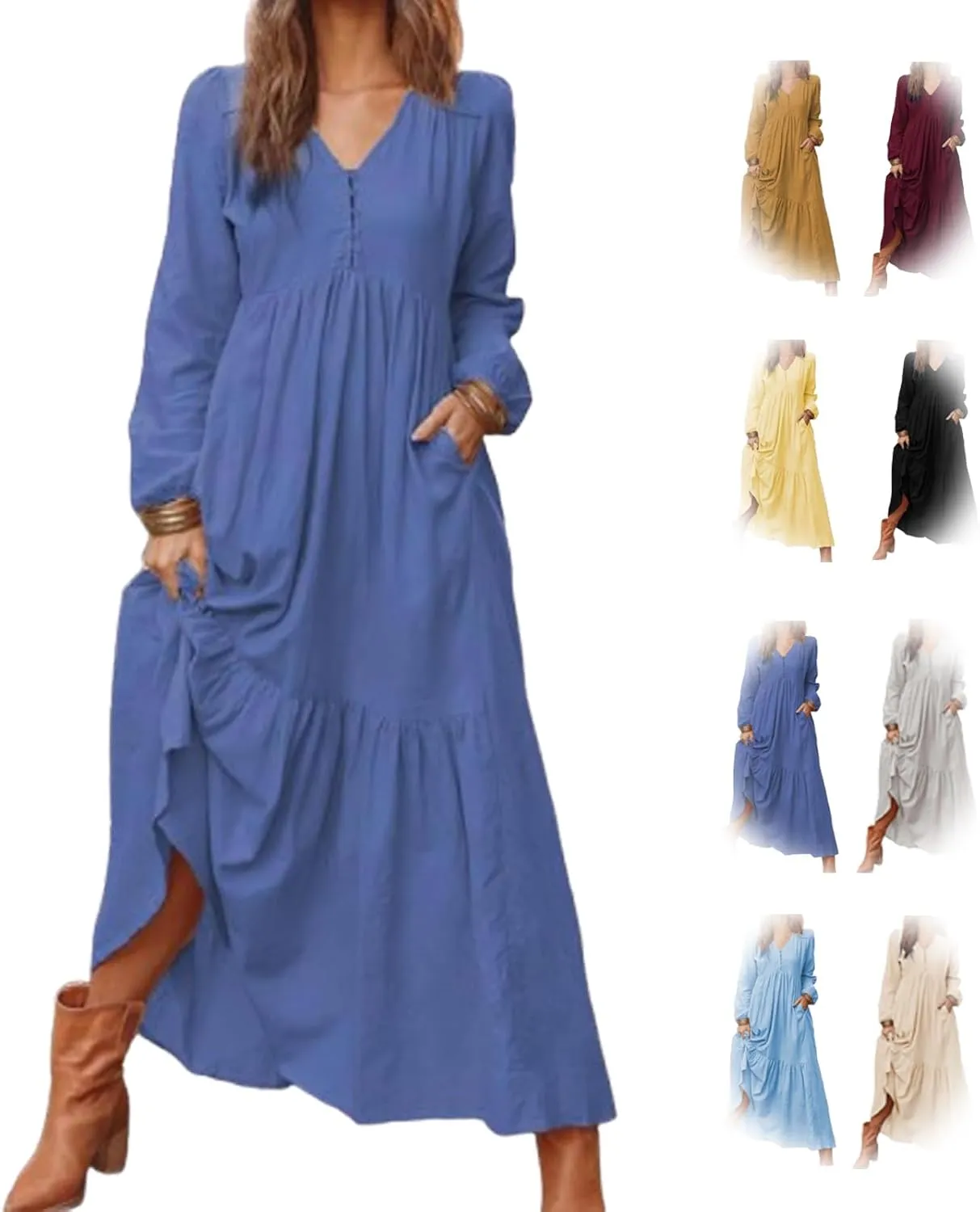 2025 Women's Linen Maxi Dress with Pockets-Long Sleeve V-Neck Button Front Beach Dress for Summer