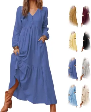 2025 Women's Linen Maxi Dress with Pockets-Long Sleeve V-Neck Button Front Beach Dress for Summer