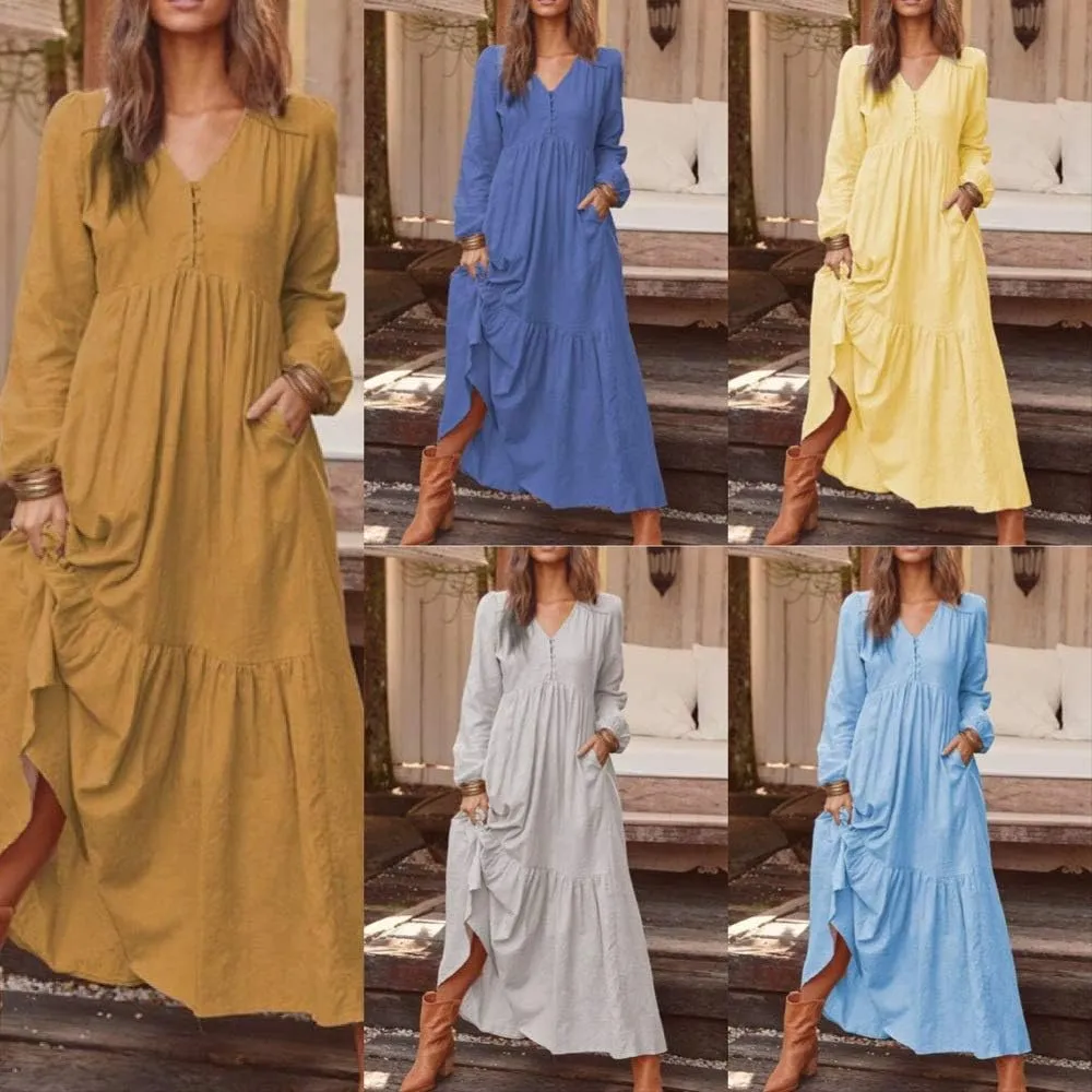 2025 Women's Linen Maxi Dress with Pockets-Long Sleeve V-Neck Button Front Beach Dress for Summer