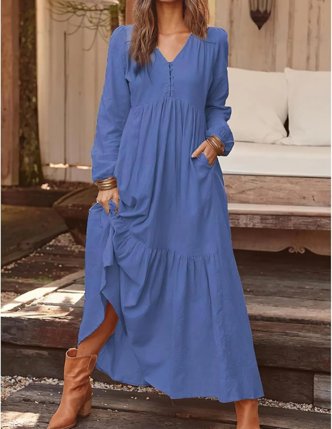 2025 Women's Linen Maxi Dress with Pockets-Long Sleeve V-Neck Button Front Beach Dress for Summer