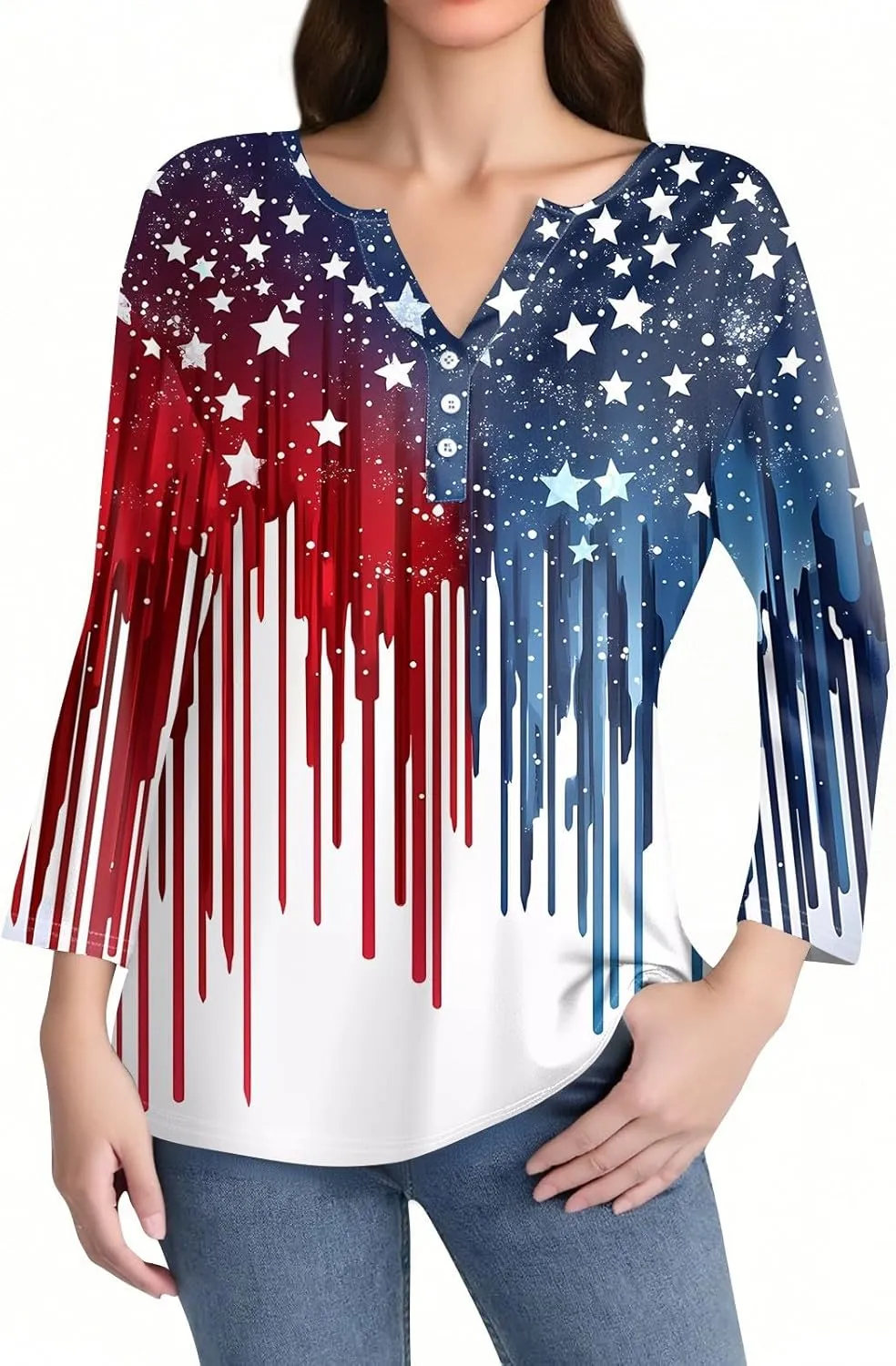 3/4 Length Sleeve Womens Tops Henley V Neck Summer Shirts Casual Elbow Length Button Down Shirt Floral Print Blouses