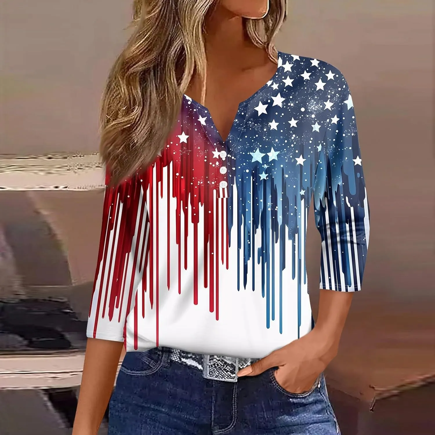3/4 Length Sleeve Womens Tops Henley V Neck Summer Shirts Casual Elbow Length Button Down Shirt Floral Print Blouses