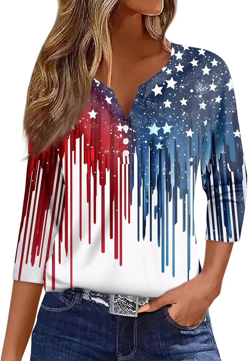 3/4 Length Sleeve Womens Tops Henley V Neck Summer Shirts Casual Elbow Length Button Down Shirt Floral Print Blouses