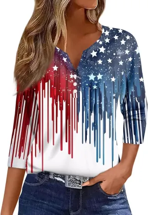 3/4 Length Sleeve Womens Tops Henley V Neck Summer Shirts Casual Elbow Length Button Down Shirt Floral Print Blouses