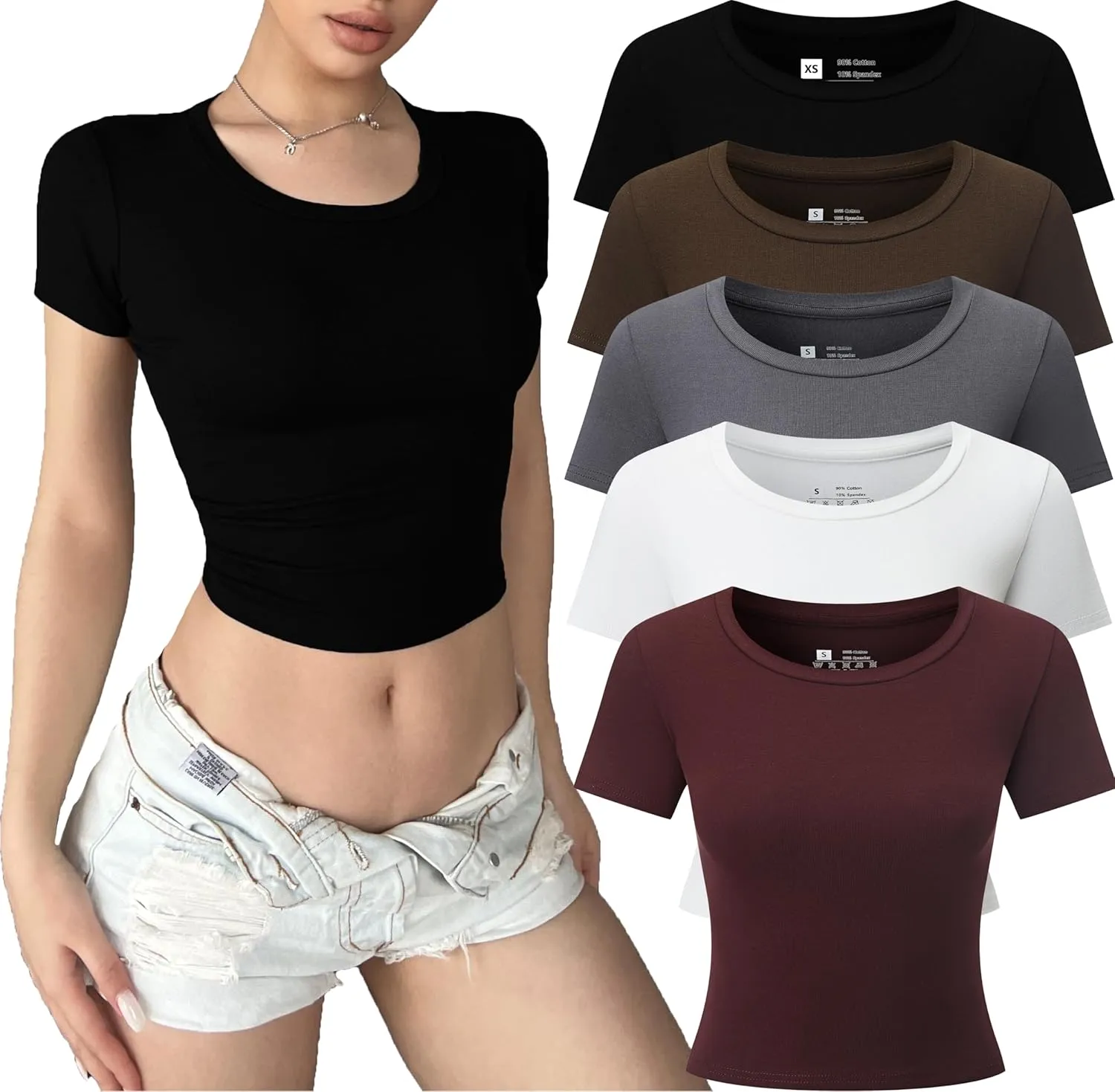 5 Pack Women's Casual Basic Going Out Crop Tops Short Sleeve Slim Fit Sexy Crew Neck Tight T Shirts