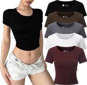 5 Pack Women's Casual Basic Going Out Crop Tops Short Sleeve Slim Fit Sexy Crew Neck Tight T Shirts