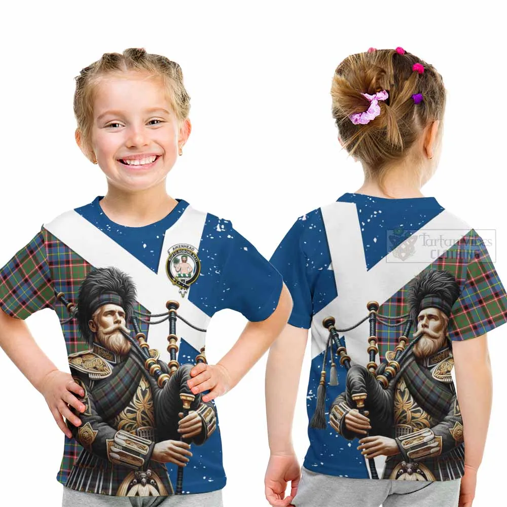Aikenhead Tartan Kid T-Shirt with Family Crest Scottish Bagpiper Vibes