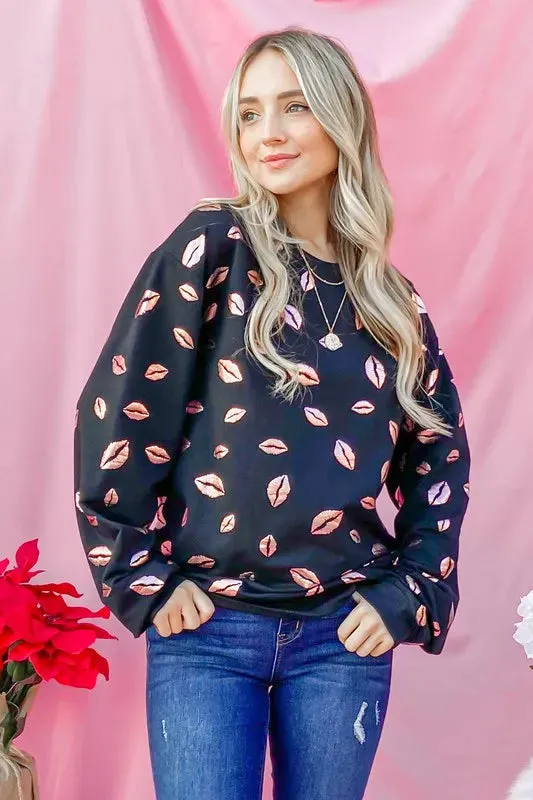 And The Why Kiss Pink Foil Allover Print Pullover Sweatshirts