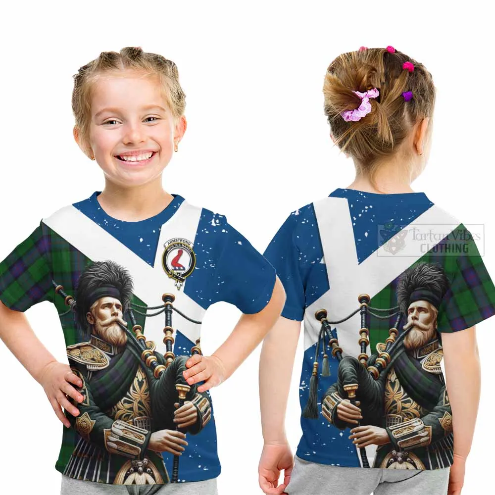Armstrong Tartan Kid T-Shirt with Family Crest Scottish Bagpiper Vibes