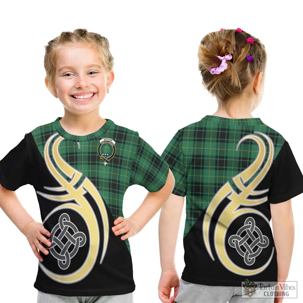 Arthur Ancient Tartan Kid T-Shirt with Family Crest and Celtic Symbol Style