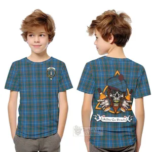 Bain Tartan Kid T-Shirt with Family Crest and Bearded Skull Holding Bottles of Whiskey