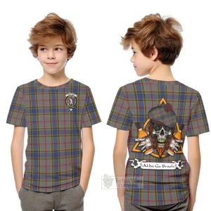 Balfour Tartan Kid T-Shirt with Family Crest and Bearded Skull Holding Bottles of Whiskey