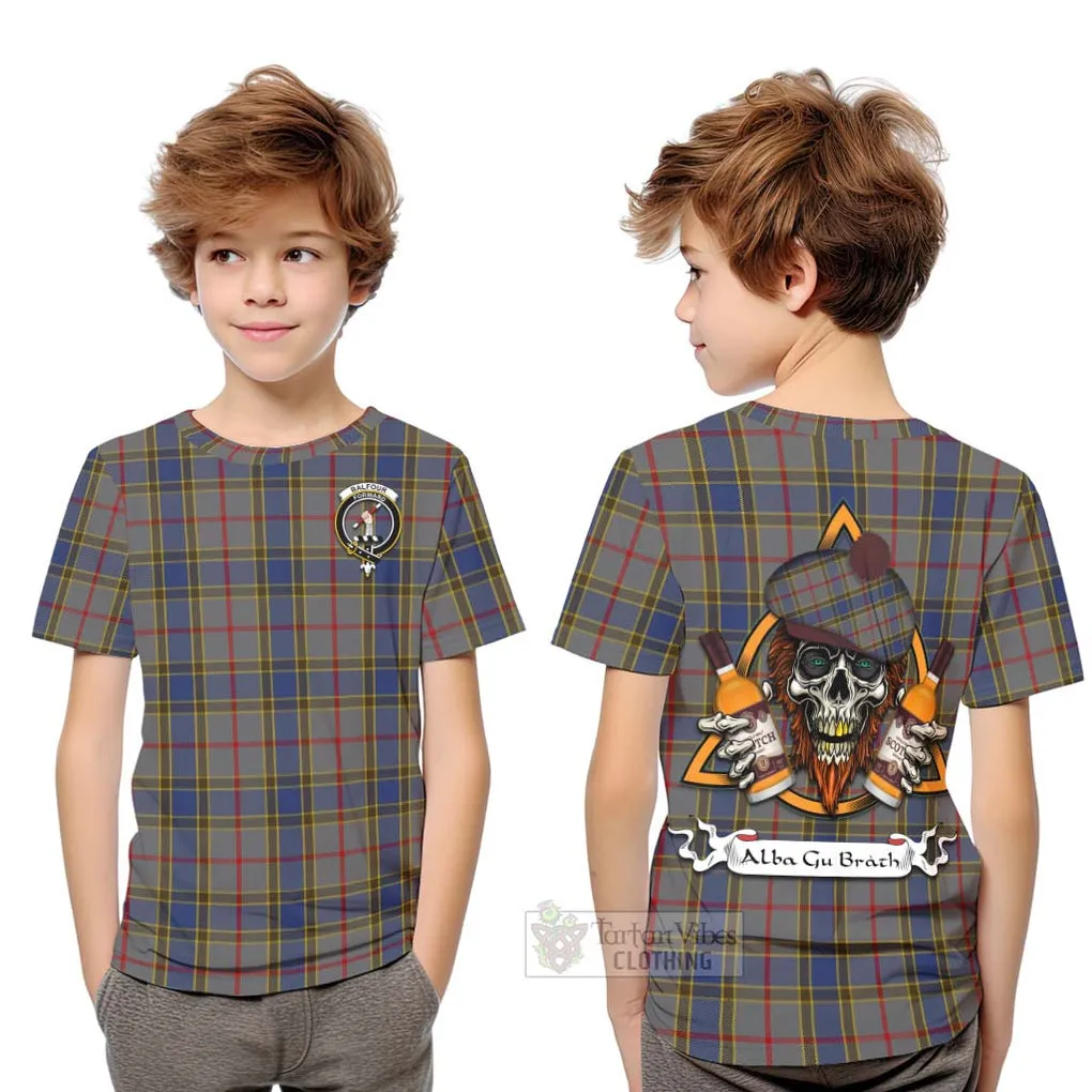 Balfour Tartan Kid T-Shirt with Family Crest and Bearded Skull Holding Bottles of Whiskey