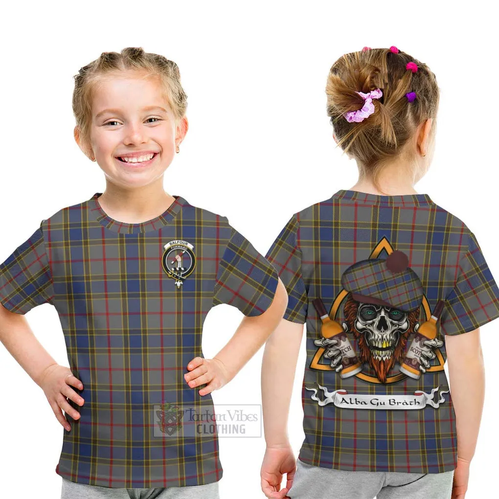 Balfour Tartan Kid T-Shirt with Family Crest and Bearded Skull Holding Bottles of Whiskey