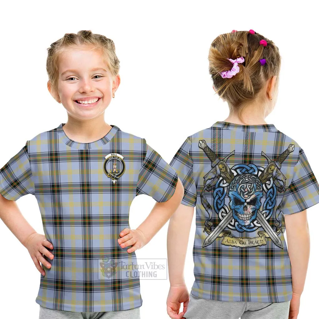 Bell Tartan Kid T-Shirt with Family Crest Celtic Skull Style