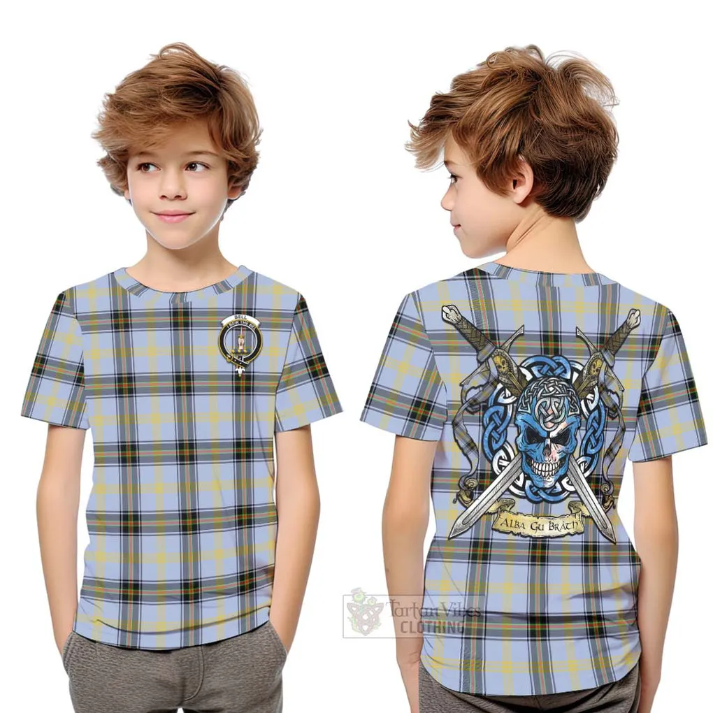 Bell Tartan Kid T-Shirt with Family Crest Celtic Skull Style