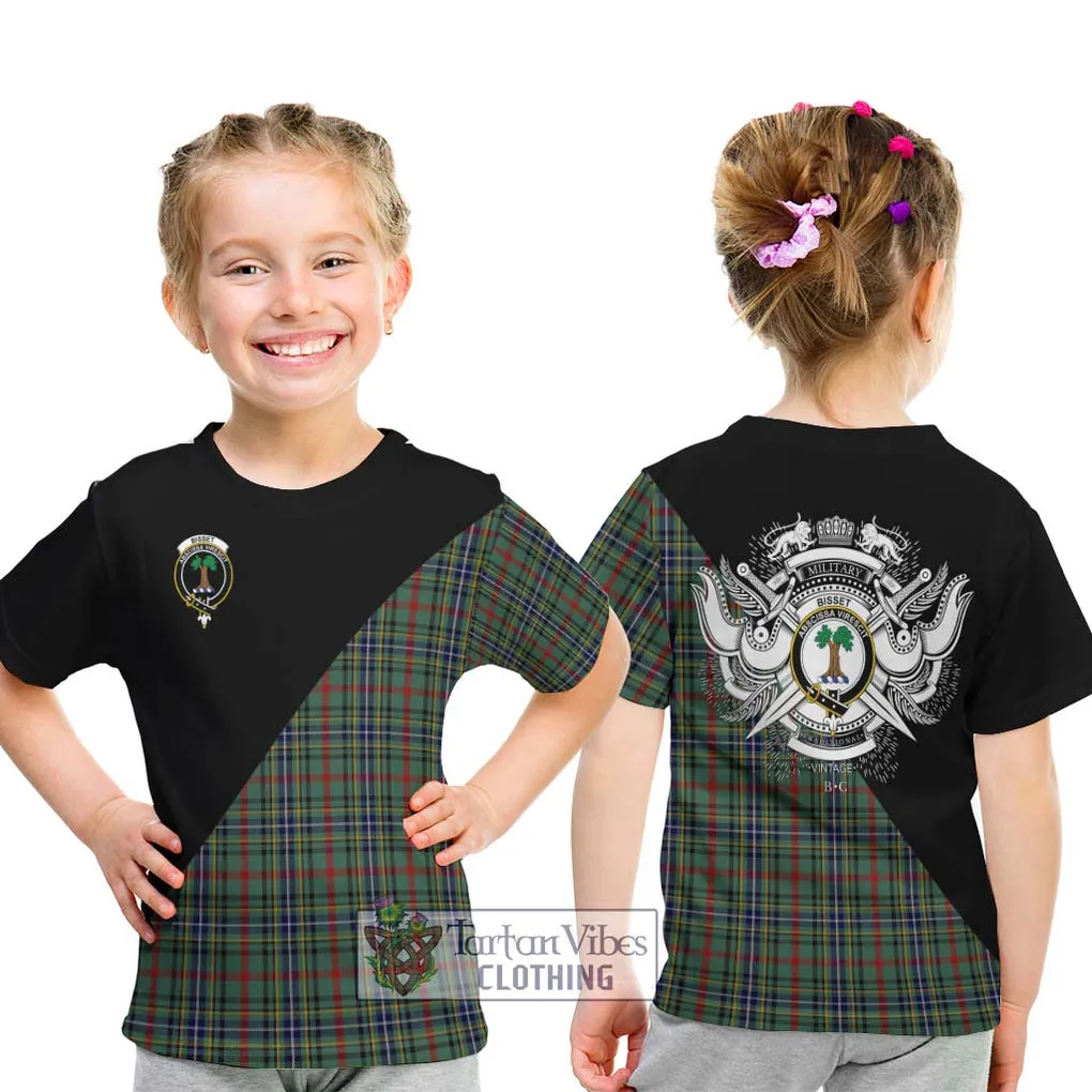 Bisset Tartan Kid T-Shirt with Family Crest and Military Logo Style