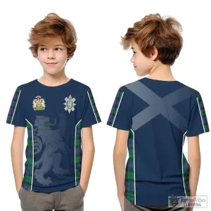 Black Watch Modern Tartan Kid T-Shirt with Family Crest and Lion Rampant Vibes Sport Style