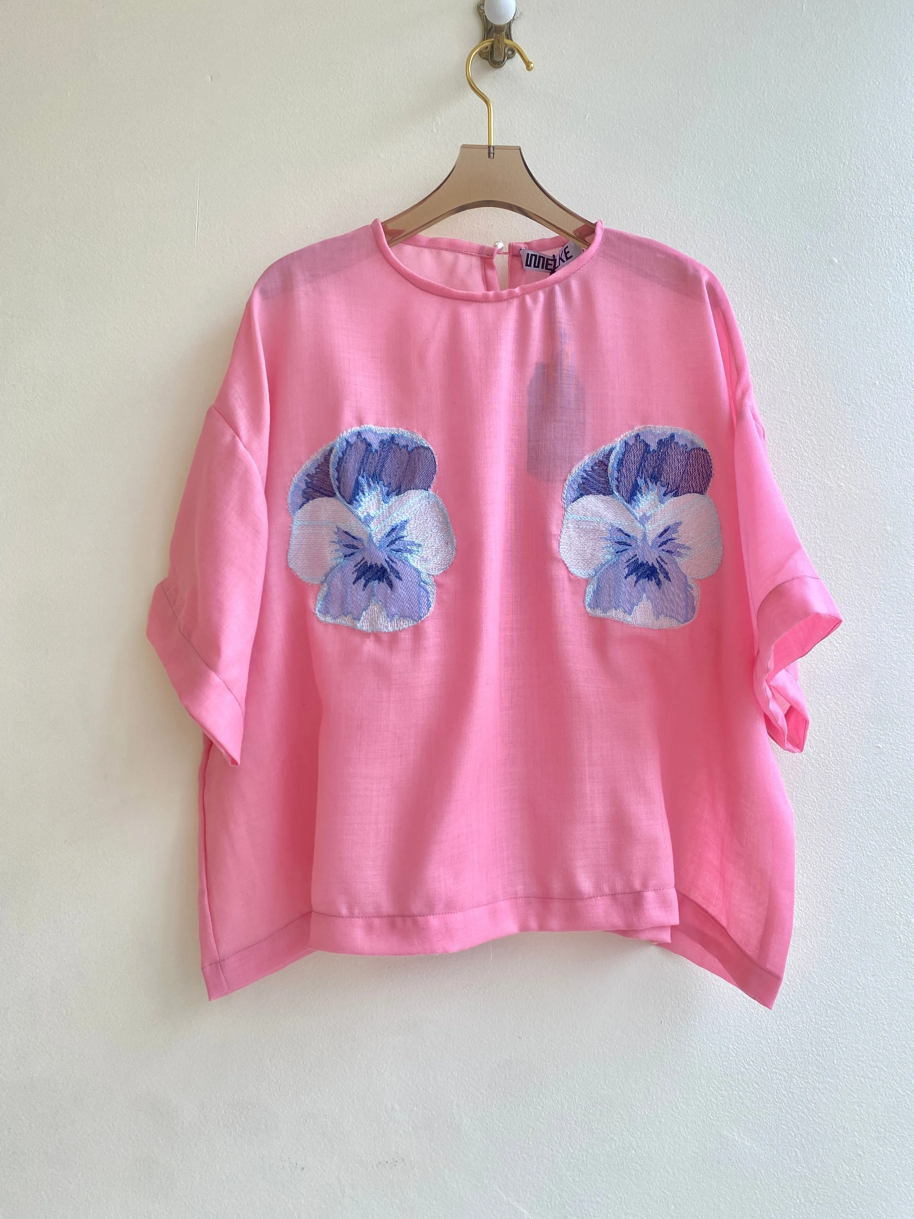 Blue or Pink Pansies Hand-Appliqued Patch Cotton Voile Tee