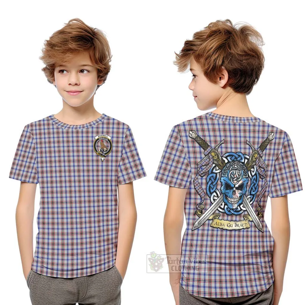 Boswell Tartan Kid T-Shirt with Family Crest Celtic Skull Style