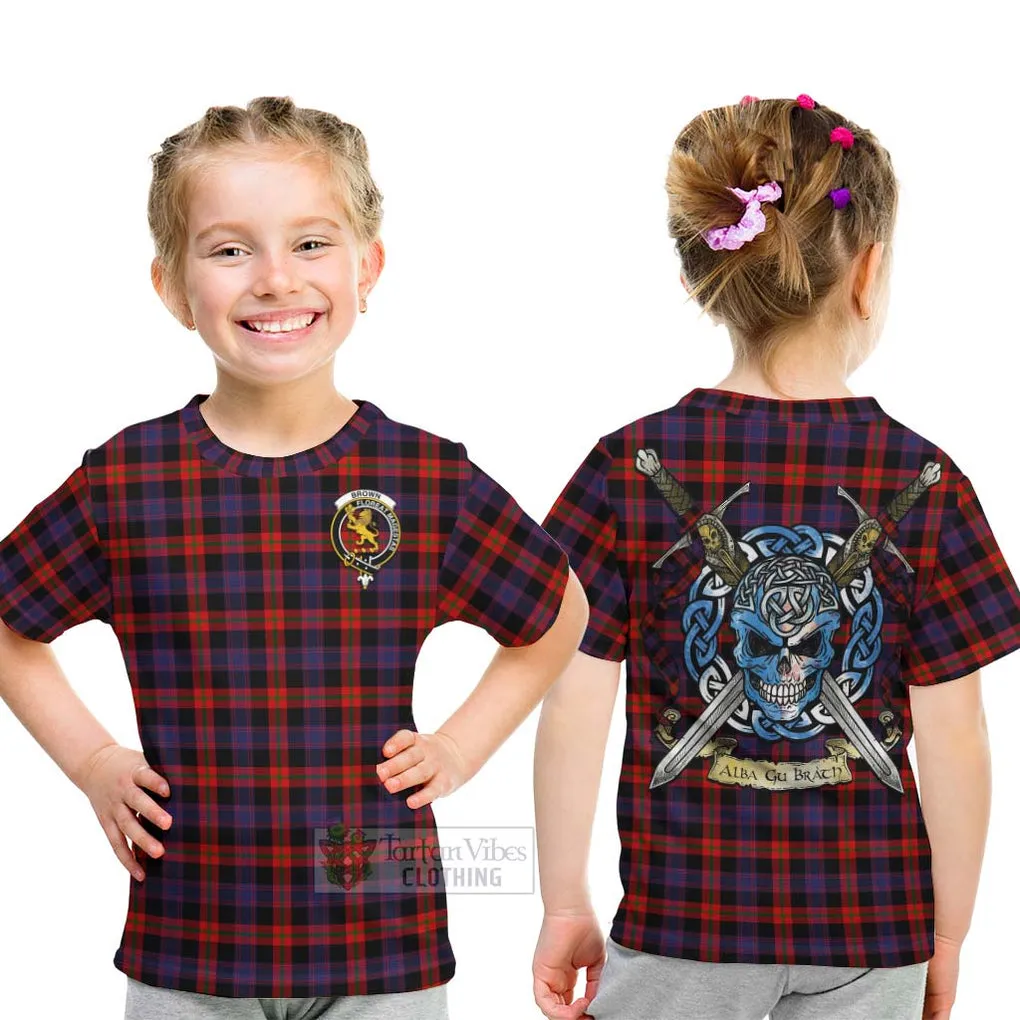 Brown (Broun) Tartan Kid T-Shirt with Family Crest Celtic Skull Style