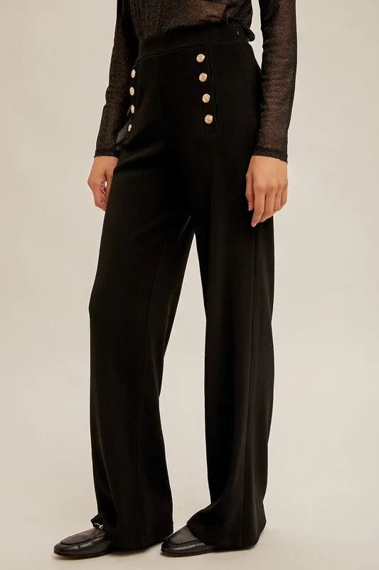Button Detail Wide Leg Knit Pants