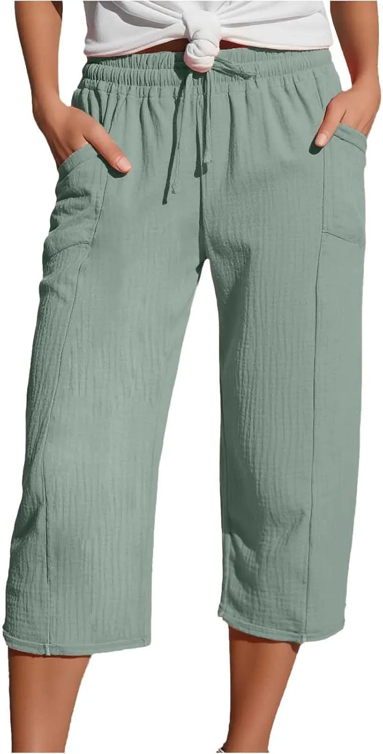 Capri Pants for Women High Waist Cotton Linen Pants Straight Wide Leg Cropped Trouser with Pockets