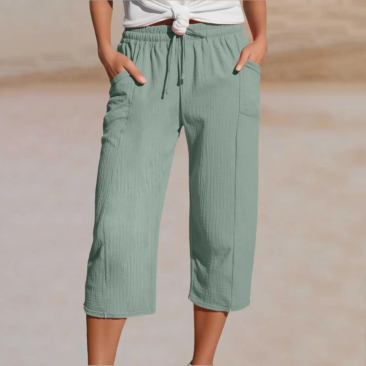 Capri Pants for Women High Waist Cotton Linen Pants Straight Wide Leg Cropped Trouser with Pockets