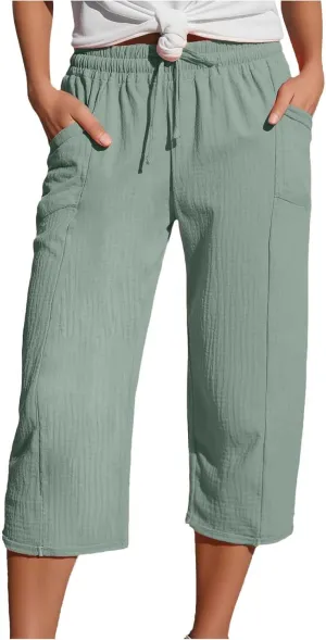Capri Pants for Women High Waist Cotton Linen Pants Straight Wide Leg Cropped Trouser with Pockets