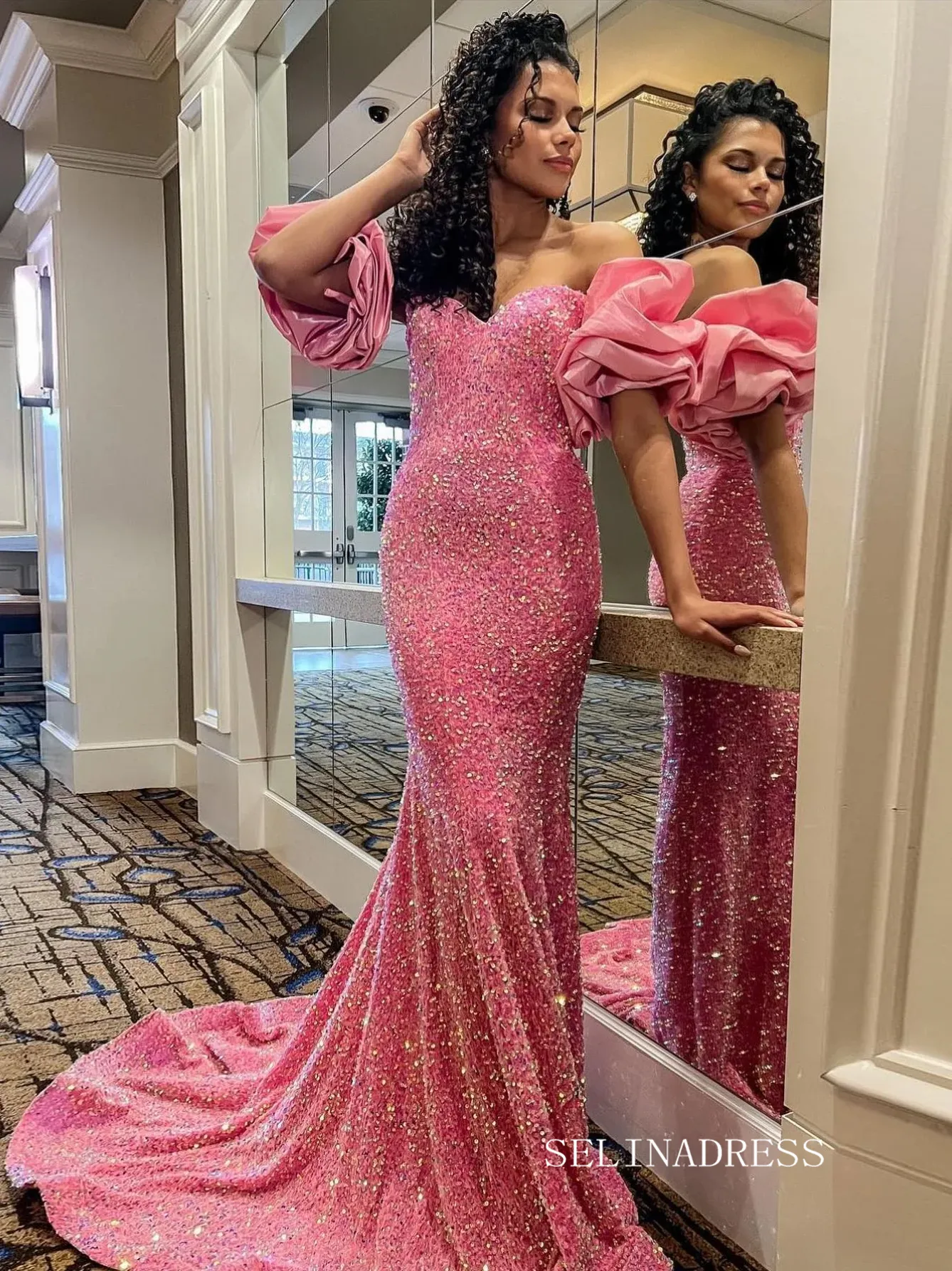 Chic Elegant Mermaid Long Prom Dresses Pink Gorgeous Cheap Sequins Evening Dress lpk143