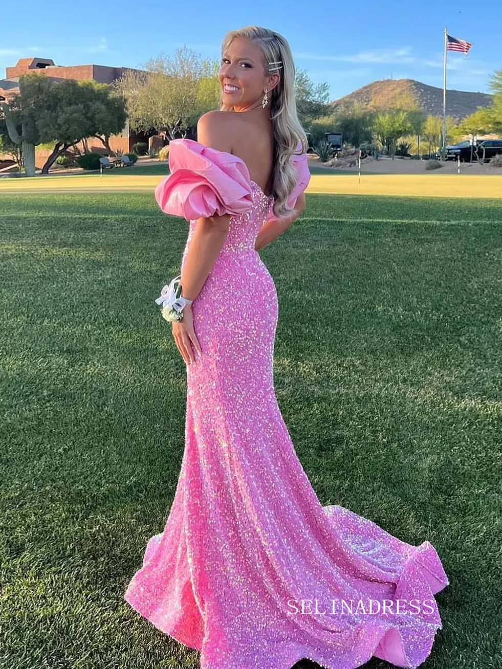 Chic Elegant Mermaid Long Prom Dresses Pink Gorgeous Cheap Sequins Evening Dress lpk143