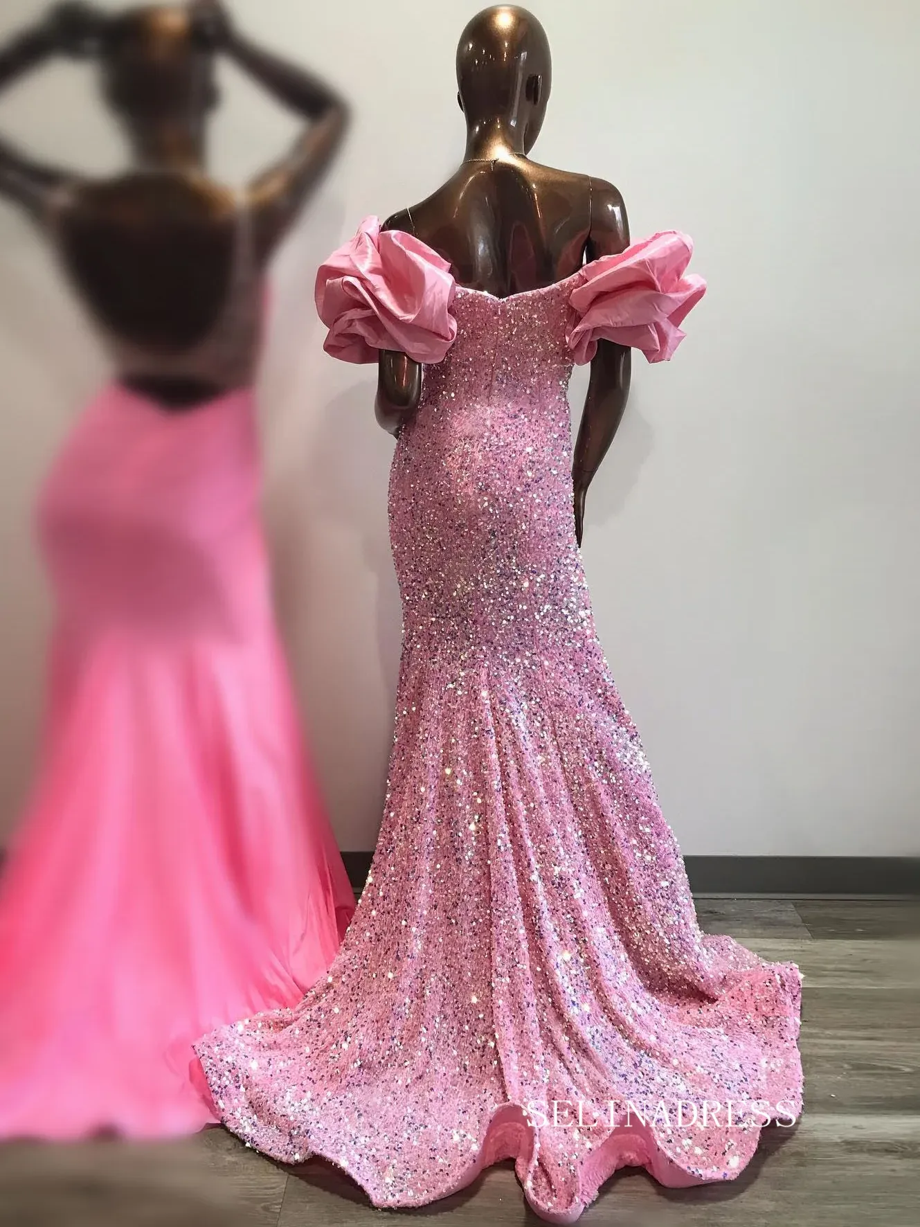 Chic Elegant Mermaid Long Prom Dresses Pink Gorgeous Cheap Sequins Evening Dress lpk143