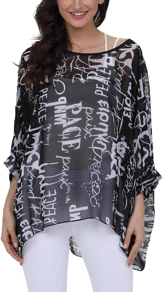 Ckikiou Plus Size Floral Chiffon Tunics Blouses for Women Batwing Summer Boho Shirts Beach Cover ups