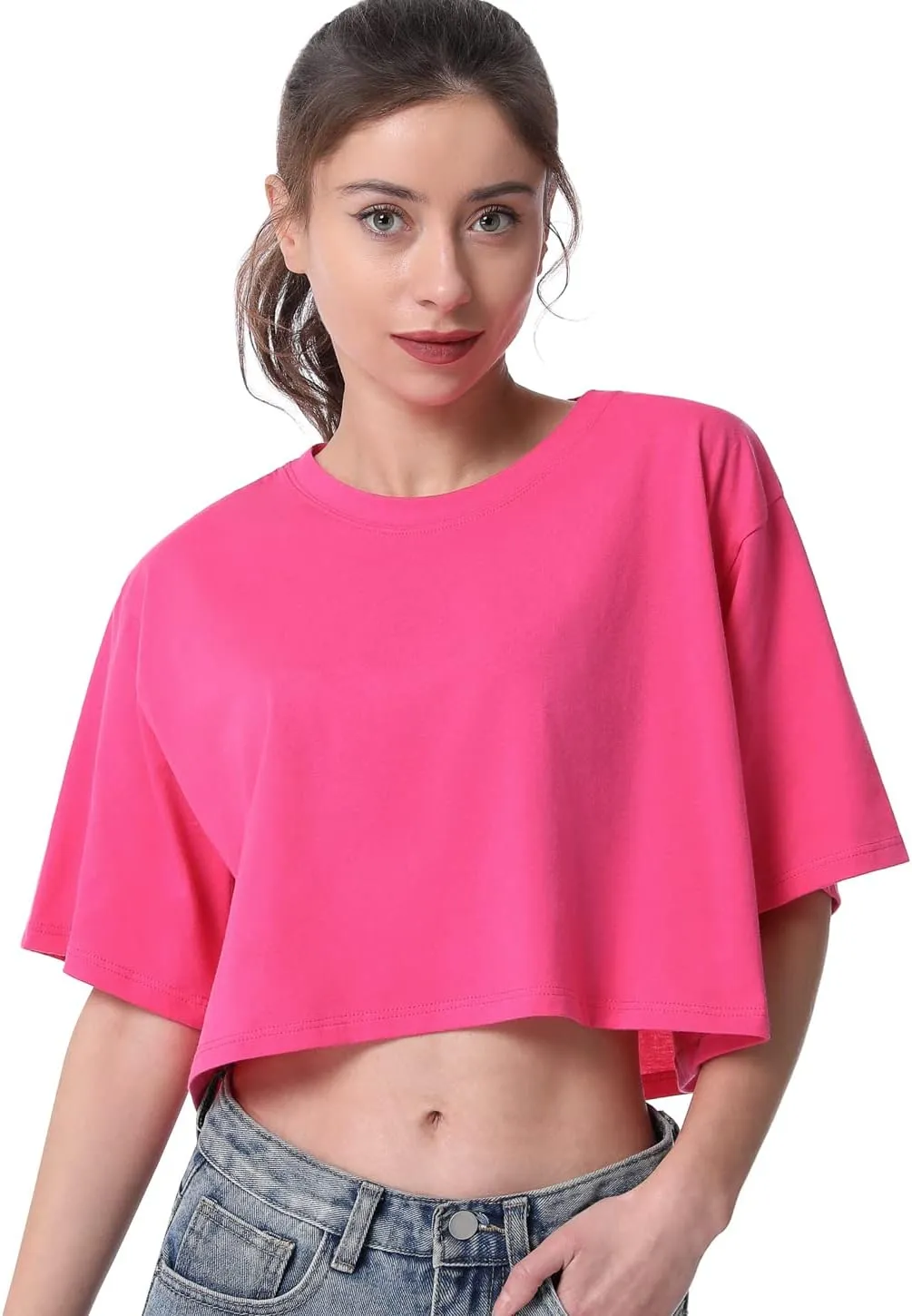 Cosy Pyro 4-Pack Women's Cotton Crop T-Shirts Short Sleeve Solid Cropped Athletic Top Round Neck Casual Workout Yoga Tees