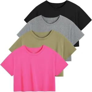 Cosy Pyro 4-Pack Women's Cotton Crop T-Shirts Short Sleeve Solid Cropped Athletic Top Round Neck Casual Workout Yoga Tees