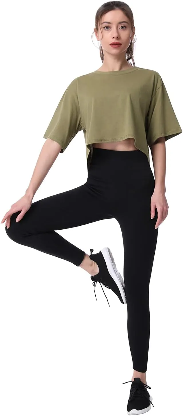 Cosy Pyro 4-Pack Women's Cotton Crop T-Shirts Short Sleeve Solid Cropped Athletic Top Round Neck Casual Workout Yoga Tees
