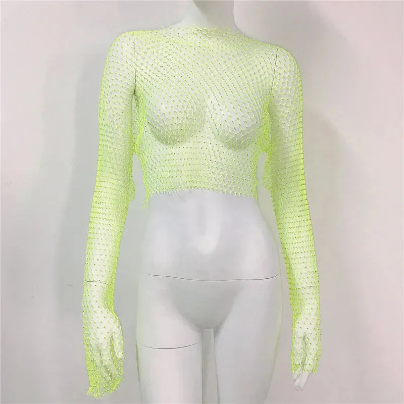 Diamonds Out Club Crystal Cover-Up Crop Hollow Long-Sleeve Sparkly Rhinestone Sexy Top