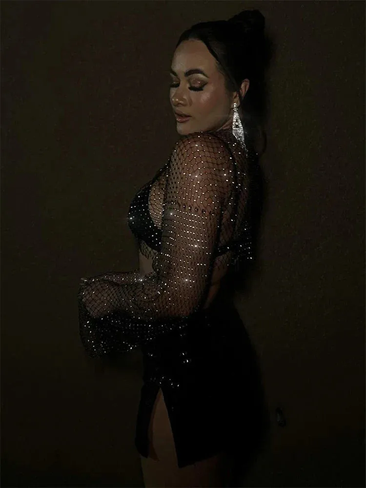 Diamonds Out Club Crystal Cover-Up Crop Hollow Long-Sleeve Sparkly Rhinestone Sexy Top