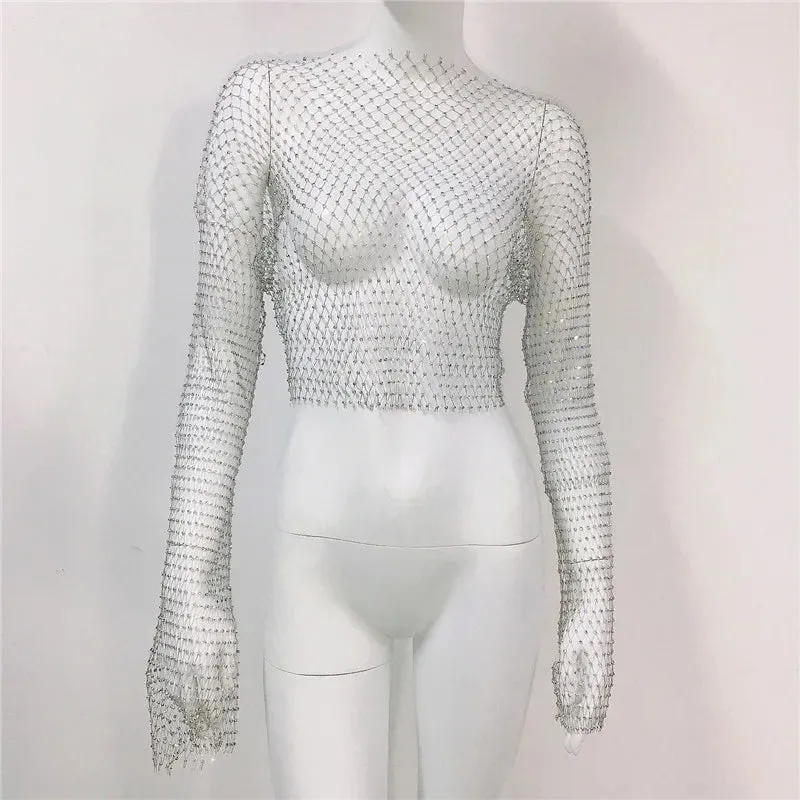 Diamonds Out Club Crystal Cover-Up Crop Hollow Long-Sleeve Sparkly Rhinestone Sexy Top