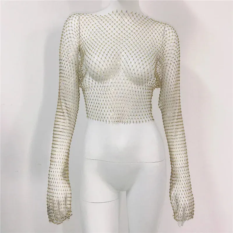 Diamonds Out Club Crystal Cover-Up Crop Hollow Long-Sleeve Sparkly Rhinestone Sexy Top