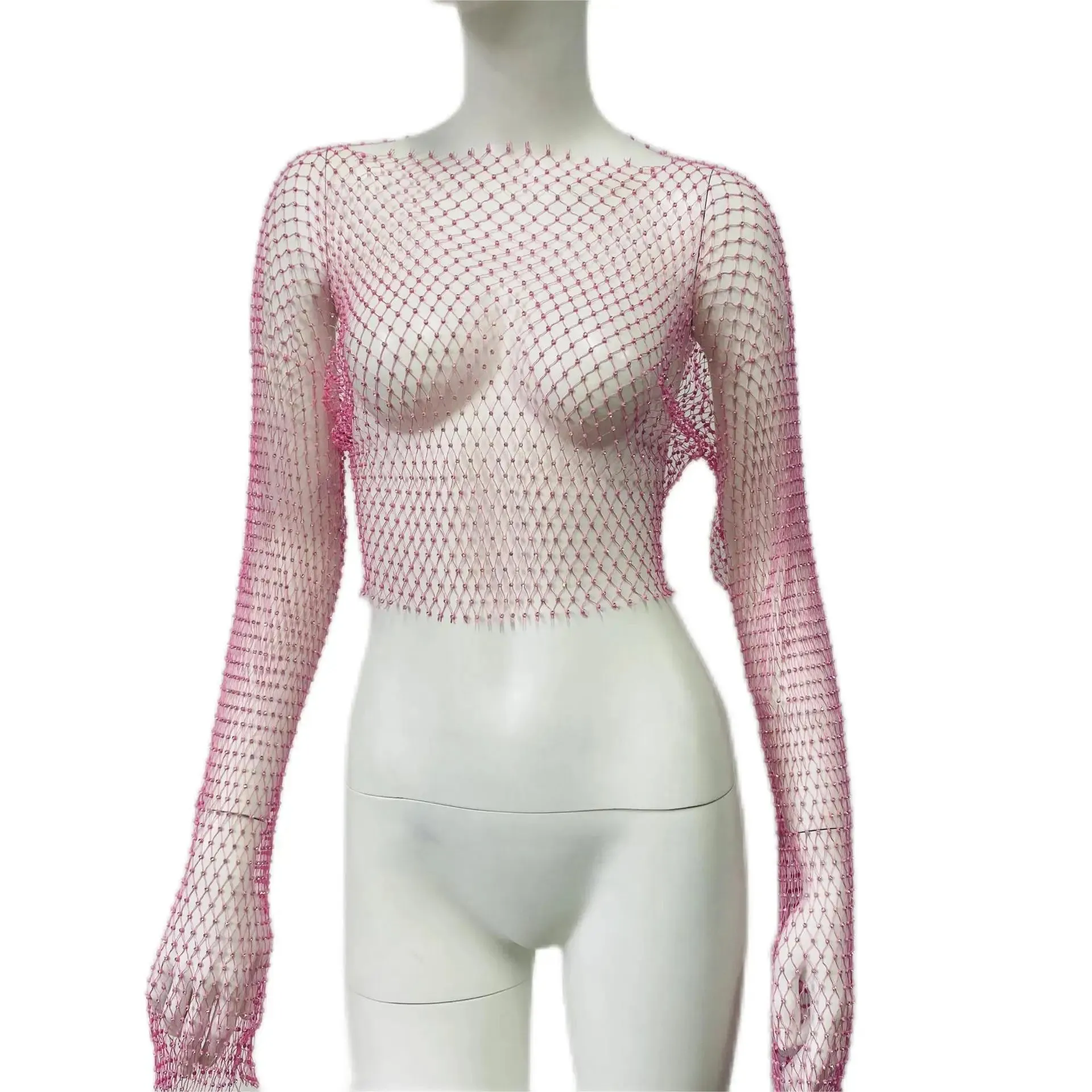 Diamonds Out Club Crystal Cover-Up Crop Hollow Long-Sleeve Sparkly Rhinestone Sexy Top