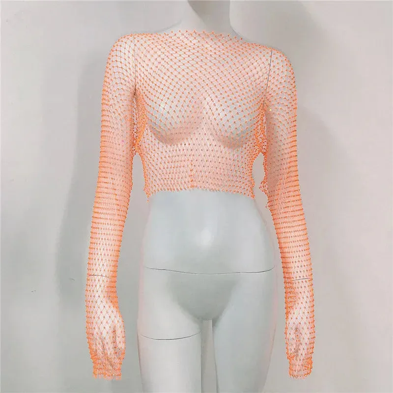 Diamonds Out Club Crystal Cover-Up Crop Hollow Long-Sleeve Sparkly Rhinestone Sexy Top