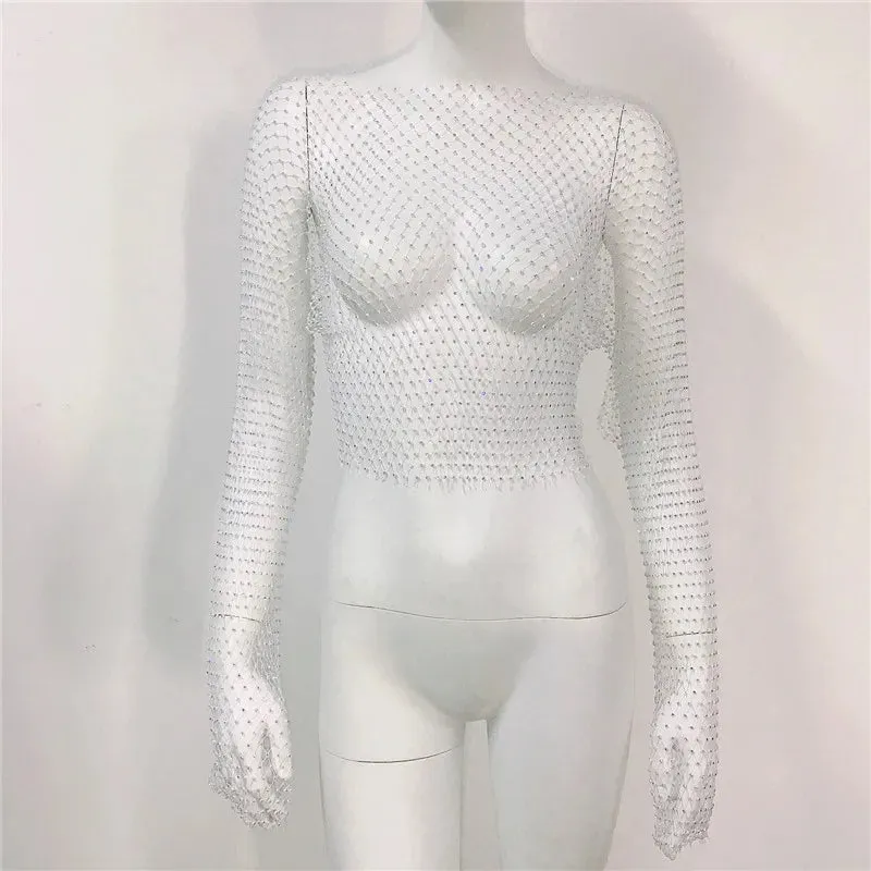 Diamonds Out Club Crystal Cover-Up Crop Hollow Long-Sleeve Sparkly Rhinestone Sexy Top