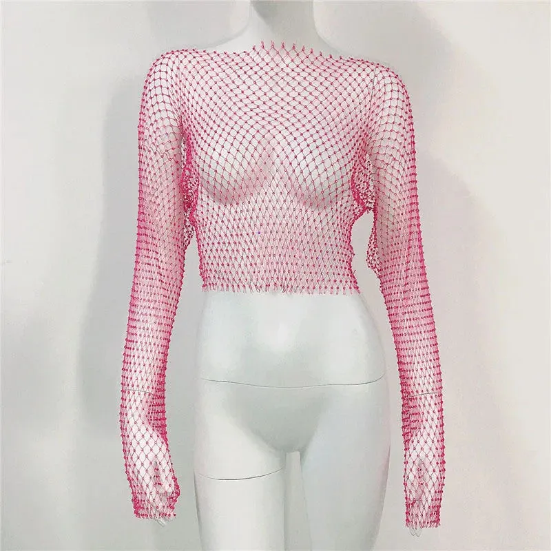 Diamonds Out Club Crystal Cover-Up Crop Hollow Long-Sleeve Sparkly Rhinestone Sexy Top