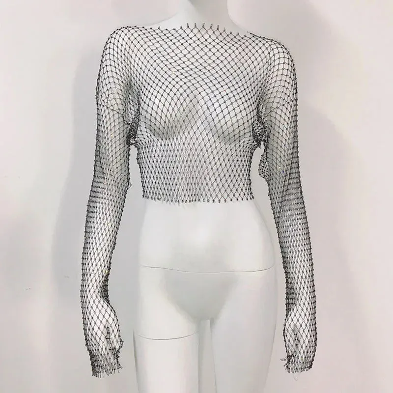 Diamonds Out Club Crystal Cover-Up Crop Hollow Long-Sleeve Sparkly Rhinestone Sexy Top