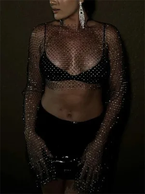 Diamonds Out Club Crystal Cover-Up Crop Hollow Long-Sleeve Sparkly Rhinestone Sexy Top