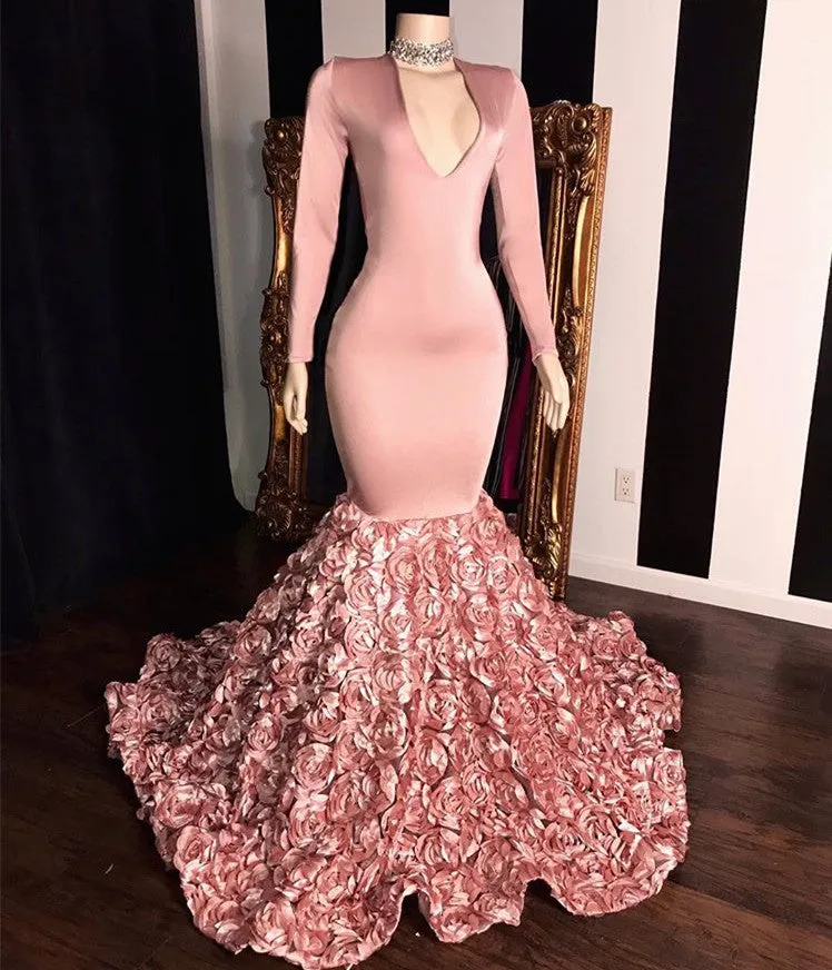 Elegant Long Sleeve Pink Prom Dresses | Mermaid Flowers Bottom Evening Gowns BC1341
