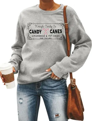 FASHGL Christmas Sweatshirts Women Candy Canes Graphic Sweatshirt Vintage Xmas Long Sleeve Shirt Pullover Tops