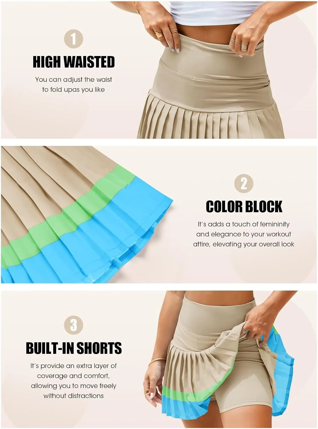 Fisoew Women's High Waisted Tennis Skirts Color Block Pleated Athletic Golf Skorts with Built in Shorts